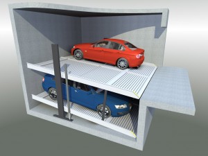 Sistema per il parcheggio di autoveicoli a comando elettrico con movimentazioni oleodinamiche con due piattaforme singole sovrapposte idonee a parcheggiare in modo indipendente due autoveicoli.