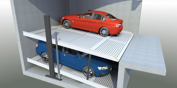 Sistema per il parcheggio di autoveicoli a comando elettrico con movimentazioni oleodinamiche con due piattaforme singole sovrapposte idonee a parcheggiare in modo indipendente due autoveicoli.