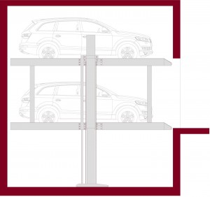 Sollevatore per auto e sistema per il parcheggio di autoveicoli a comando elettrico con movimentazioni oleodinamiche con due piattaforme singole sovrapposte idonee a parcheggiare in modo indipendente due autoveicoli