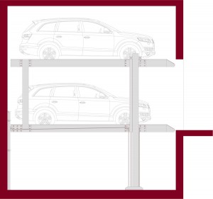 Sollevatore per auto e sistema per il parcheggio di autoveicoli a comando elettrico con movimentazioni oleodinamiche con due piattaforme singole sovrapposte idonee a parcheggiare in modo indipendente due o quattro autoveicoli