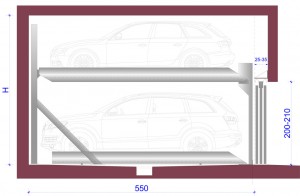 Elevatore per auto e sistema di parcheggio semiautomatico per il parcheggio indipendente di autoveicoli costituito da moduli affiancati formati da 2 piattaforme ciascuno, una a piano strada e una a livello superiore.