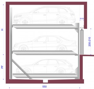 Elevatore per auto e sistema di parcheggio semiautomatico per il parcheggio indipendente di autoveicoli costituito da moduli affiancati formati da 3 piattaforme ciascuno.