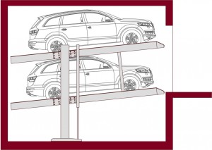 Sistema per il parcheggio di autoveicoli a comando elettrico con movimentazioni oleodinamiche con due piattaforme singole sovrapposte idonee a parcheggiare in modo indipendente due autoveicoli.