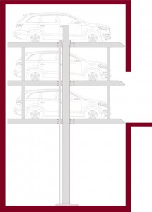 Sollevatore per auto e sistema per il parcheggio di autoveicoli a comando elettrico con movimentazioni oleodinamiche con tre piattaforme singole sovrapposte idonee a parcheggiare in modo indipendente tre autoveicoli.